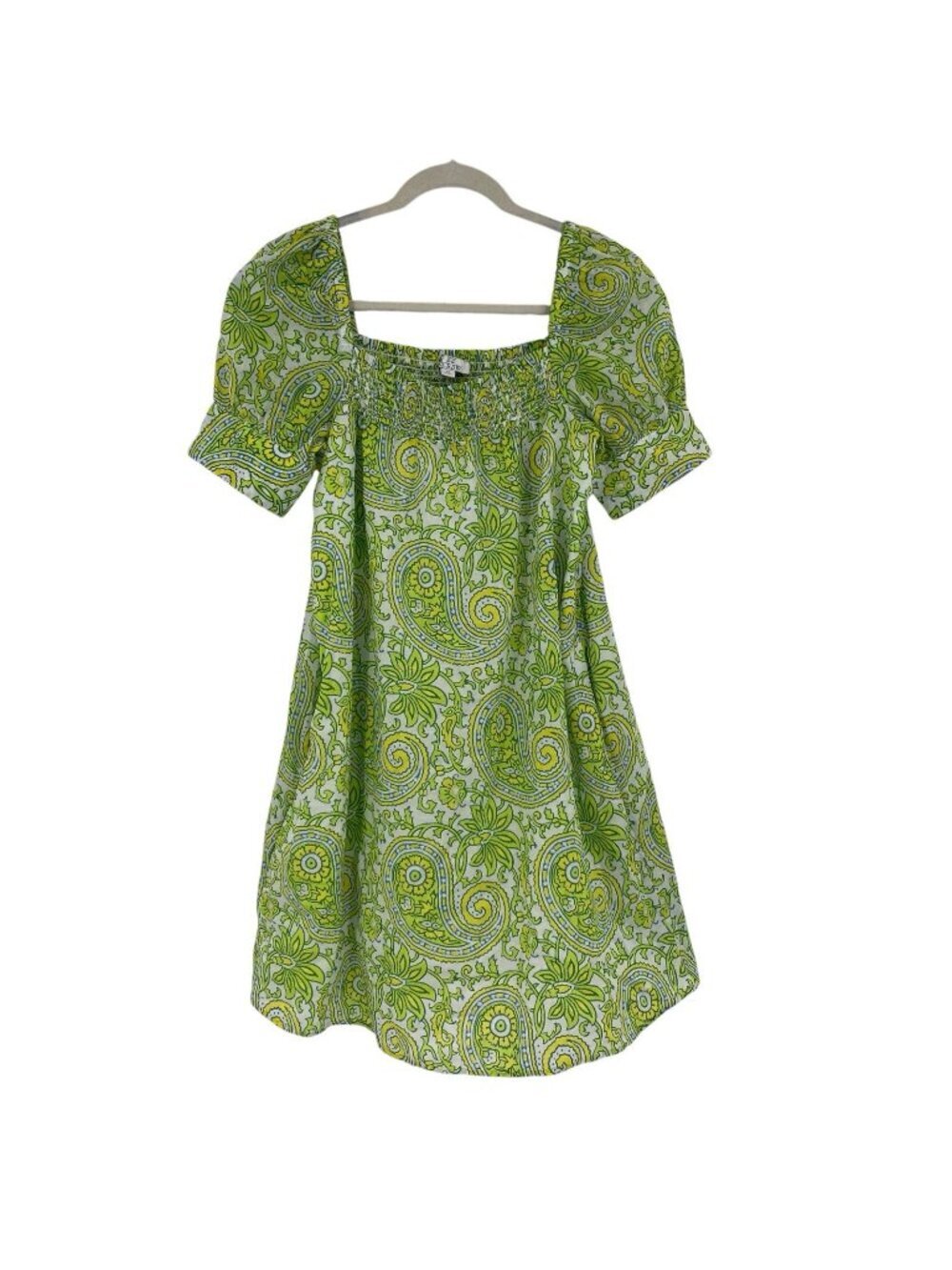 J. Crew SZ Blockprints Keely Squareneck Dress Citrus Paisley Green White XS